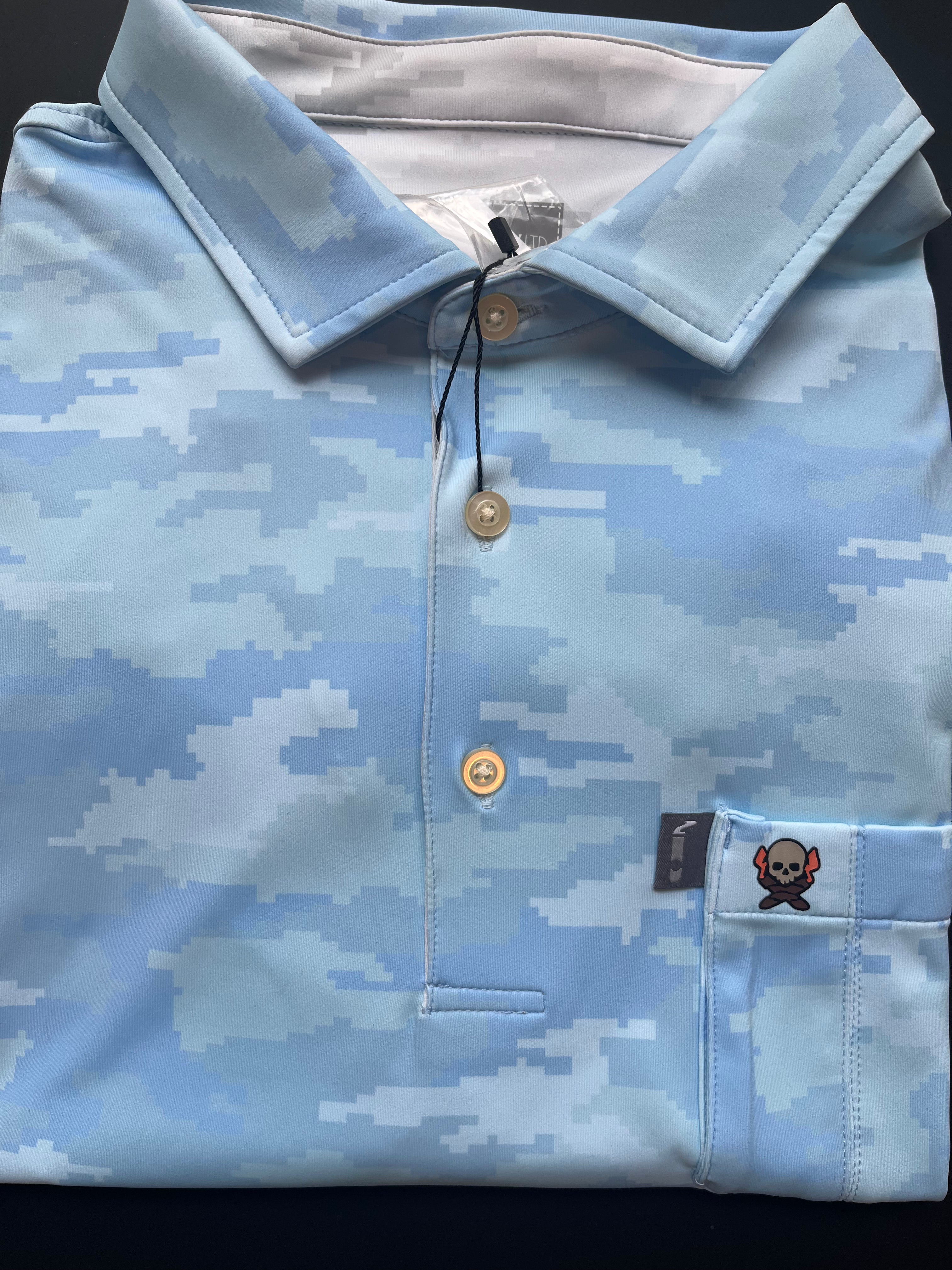 Cigar Pocket Performance Polo Blue Camo - Whiskey & Easy Golf Shirt Large Cigar Pocket Performance Polo Blue Camo - Whiskey & Easy Golf Shirt Large