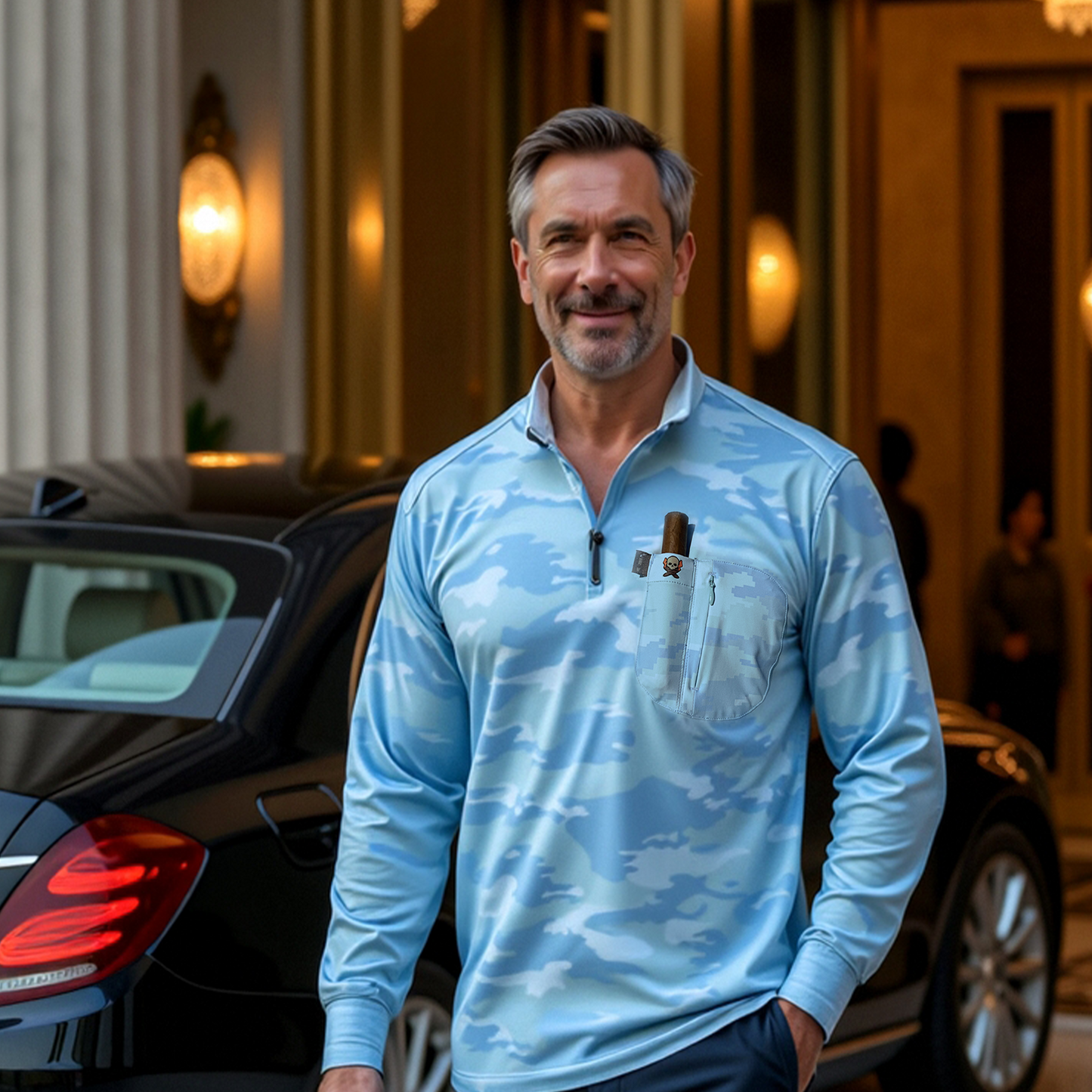 Cigar Pocket Performance Quarter Zip – Blue Camo