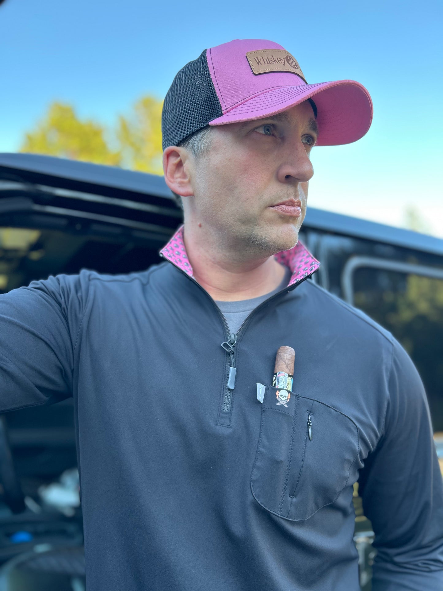 Cigar Pocket Performance Quarter Zip – Black with Pink Jolly Roger