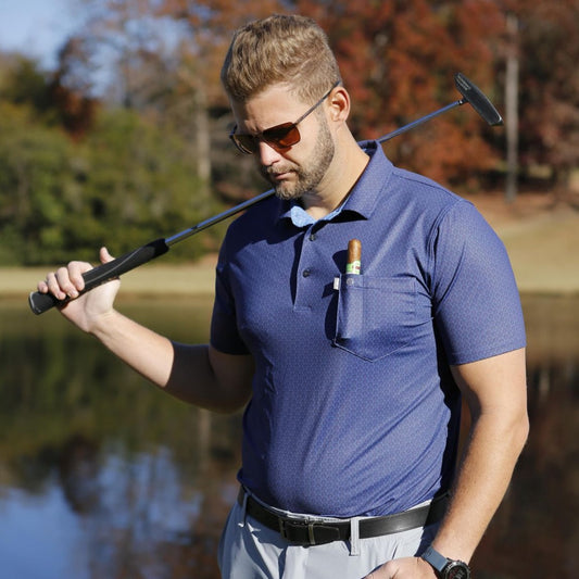 Cigar Pocket Performance Polo - Whiskey & Easy Logo, Dark Blue