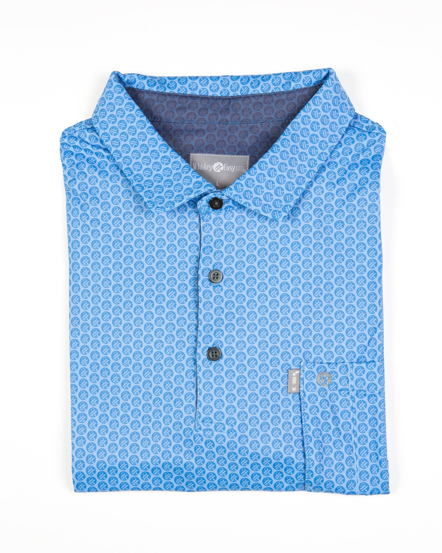 Cigar Pocket Performance Polo - Whiskey & Easy Logo, Light Blue