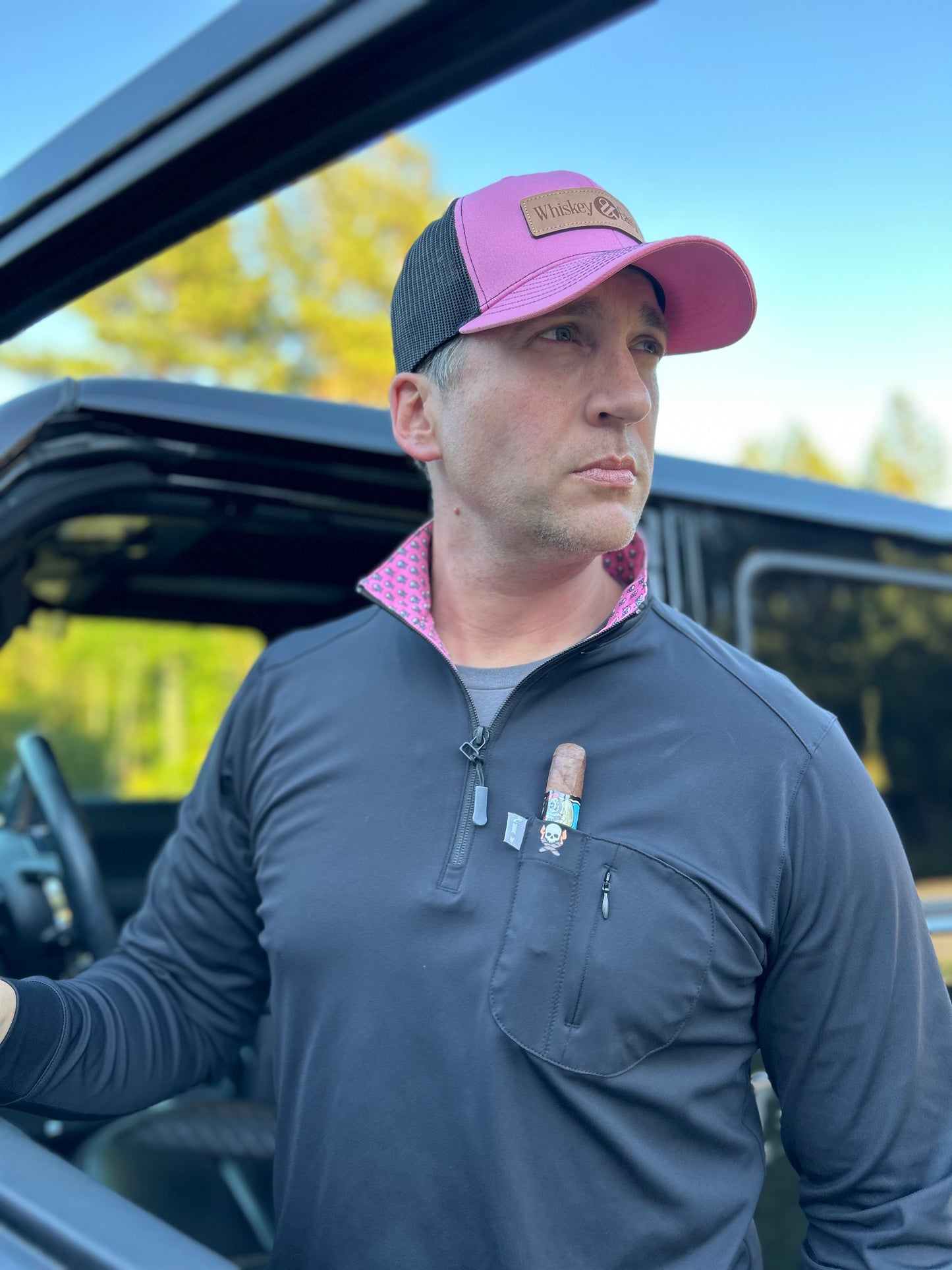 Cigar Pocket Performance Quarter Zip – Black with Pink Jolly Roger