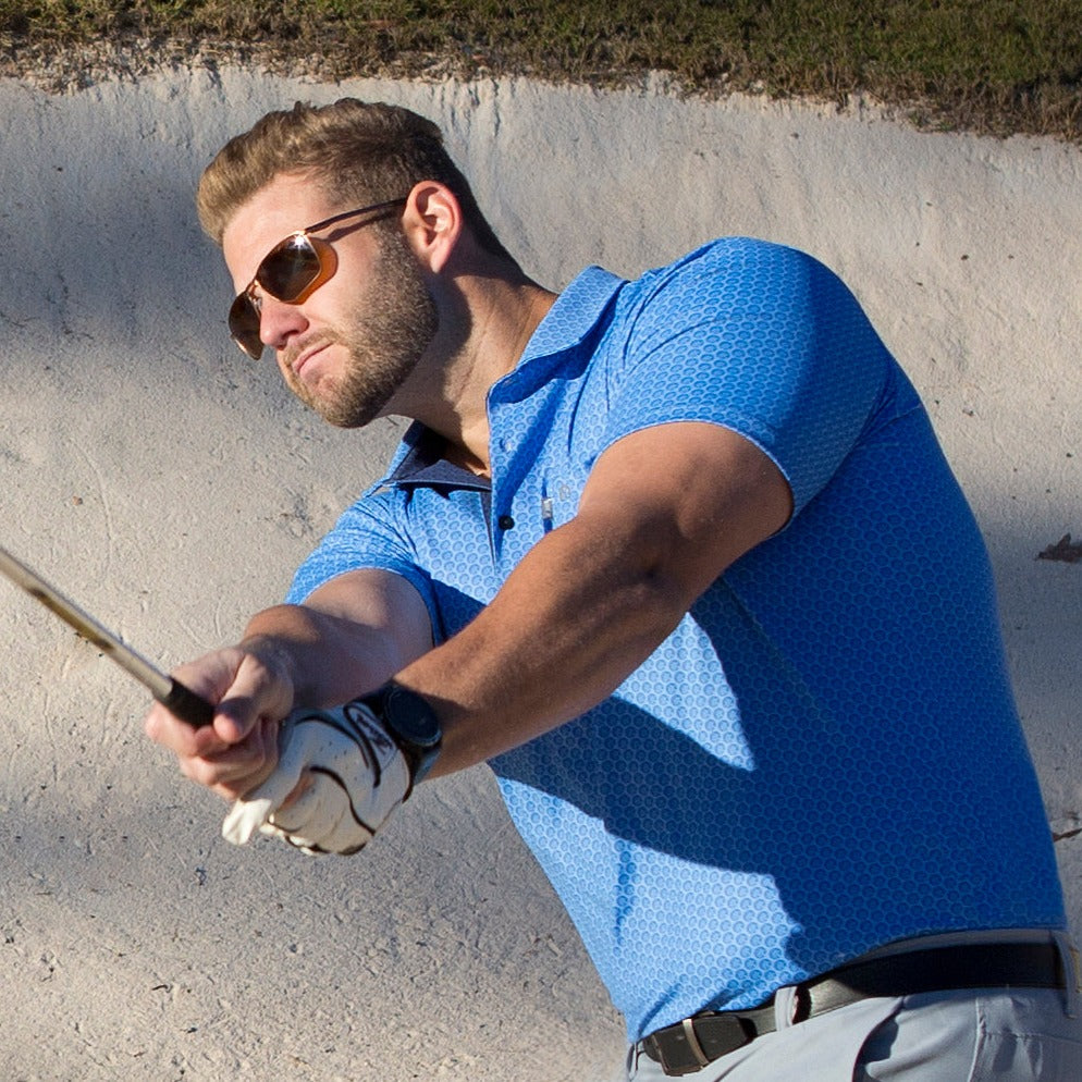 Cigar Pocket Performance Polo - Whiskey & Easy Logo, Light Blue